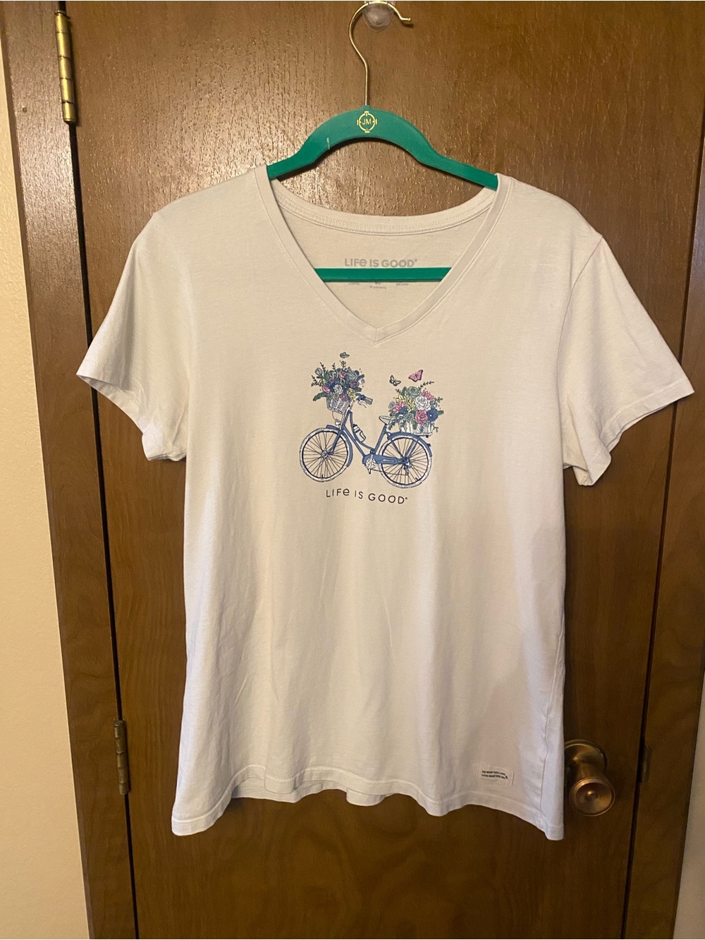 Life Is Good White V-Neck Tee with Floral Bicycle Graphic
